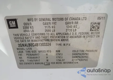 2011 Chevrolet Equinox Ls z USA, uszkodzony, nr VIN 2GNALBEC4B1303324